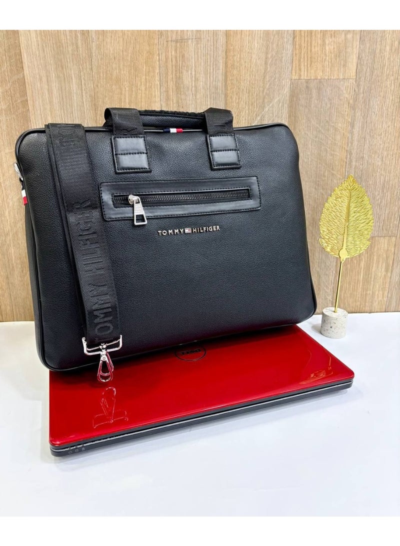 TOMMY TIME Tommy Hilfiger Laptop Bag – Black – Padded Compartment – Branded Strap - Image 1